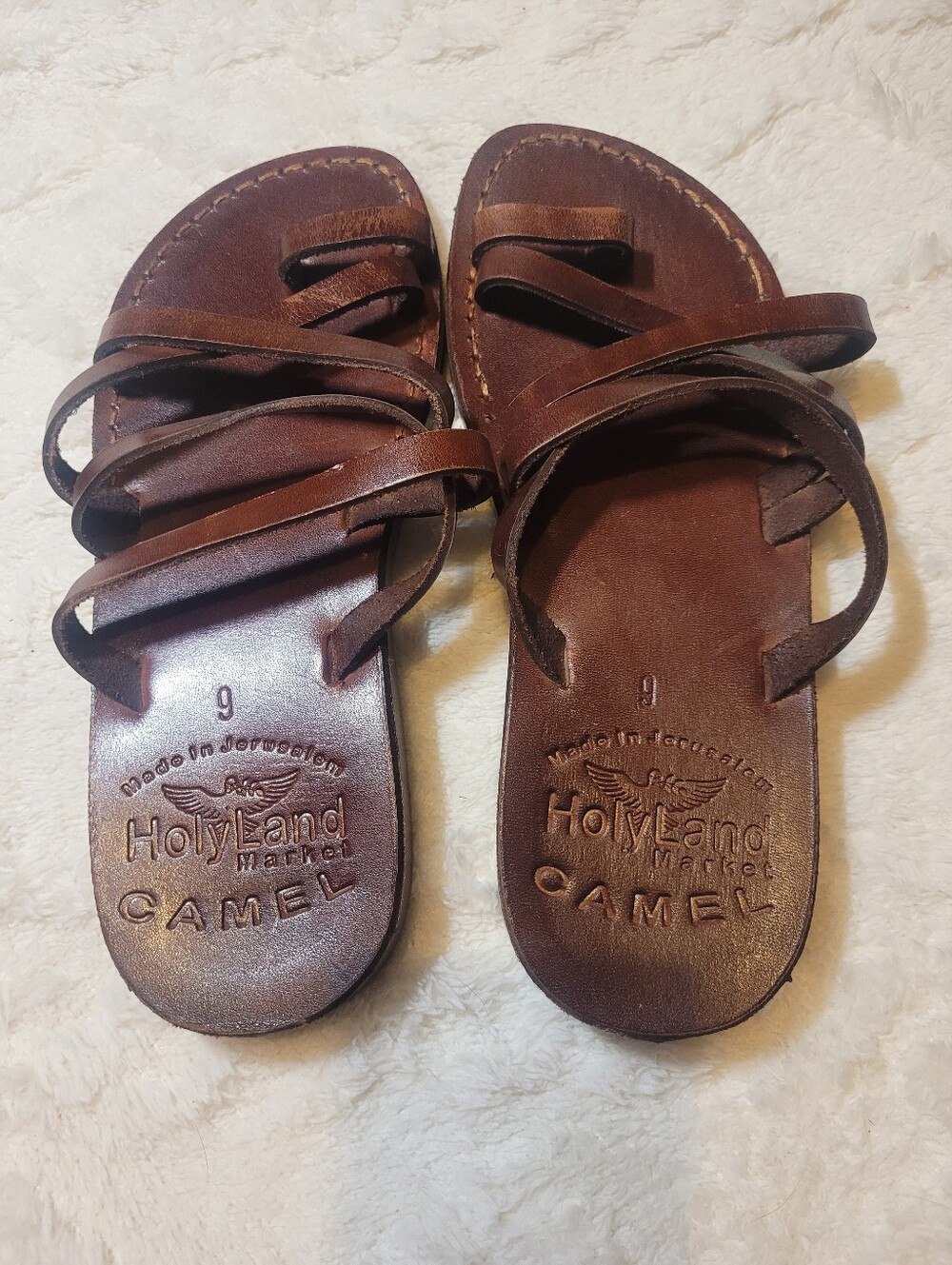 Holy Land Market, Camel Brown Leather Slide Sandals, 9